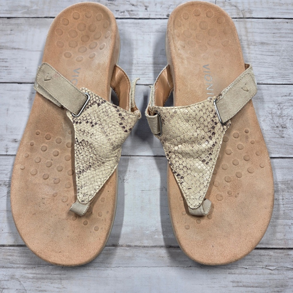 Vionic Wanda Snake Embossed Leather Thong Sandal Women 9.5 Cream Tan Orthaheel